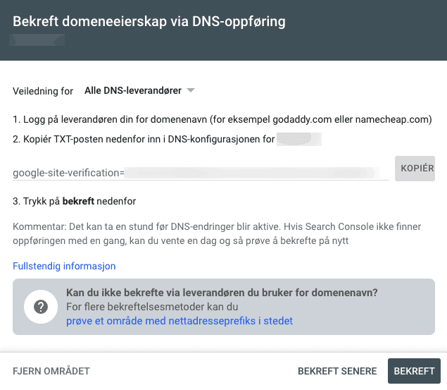 DNS-oppføring Google Search Console