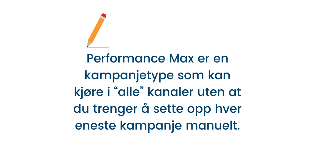 Bør du bruke Performance Max? Tekst i bildet: Performance Max er en kampanjetype som kan kjøre i "alle" kanaler uten at du trenger å sette opp hver eneste kampanje manuelt.