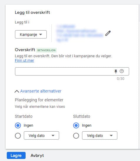 Google Ads overskrift utvidelser på kampanje