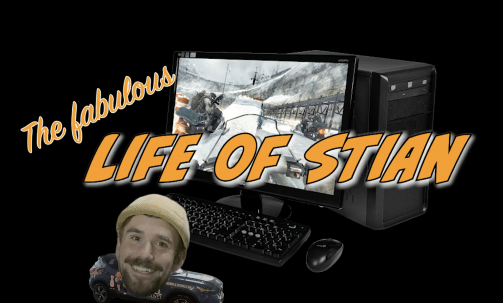 Screenshot fra Norges sykeste gamingrom med Komplett. Vi ser en smilende Stian Blipp og en gaming-PC. Tittel i bildet: "The fabulous life of Stian"