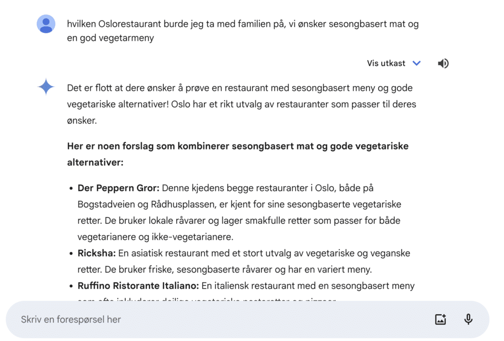 Screenshot fra et Google Gemini-søk hvor jeg spør "hvilken Oslorestaurant burde jeg ta med familien på, vi ønsker sesongbasert mat og en god vegetarmeny" og får en liste med anbefalinger, inkl Der Peppers Gror, Ricksha og Ruffino Ristorante Italiano.